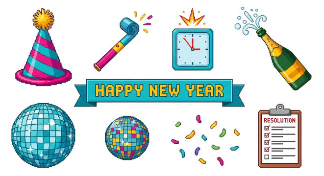 Collection of new years eve party elements including a disco ball, party hat, and champagne bottle, isolated on a transparent background