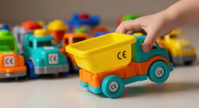 Child's hand playing with a colorful toy dump truck. Toddler developing motor skills with CE marked plastic vehicles. Childhood learning and imagination concept