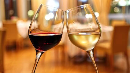 Close-up of Red and White Wine Glasses Toasting in a Restaurant