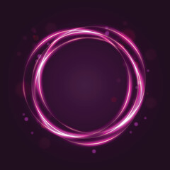 Abstract glowing neon pink circular rings with sparkling light effects on a dark purple background
