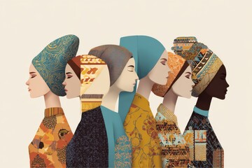 Diverse women in profile wearing colorful hijabs and patterned outfits in a stylized illustration