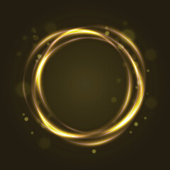Abstract golden swirling light rings with sparkling particles on a dark background