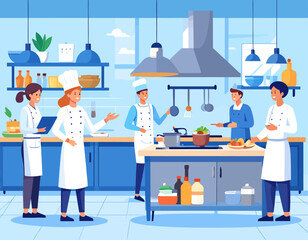 Cartoon illustration of chefs working in a professional kitchen, preparing food and collaborating on culinary tasks in a bright, modern setting.