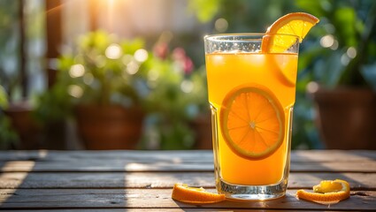 Refreshing Orange Juice Drink with Ice on Sunny Outdoor Wooden Table
