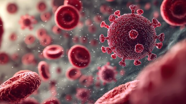 Microscopic view of red blood cells and a virus, floating in a fluid