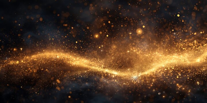 Abstract background with golden glitter dust particles floating on dark smoky backdrop elegance shiny texture glamorous decoration glow - Powered by Adobe