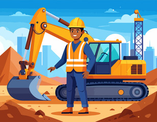 A smiling construction worker in a hard hat and vest stands in front of an excavator and a cityscape under a partly cloudy sky.