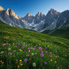 Majestic jagged mountain peaks rise above a lush, flowering alpine meadow under a clear blue sky, depicting remote wilderness ,range ,tranquil ,natural