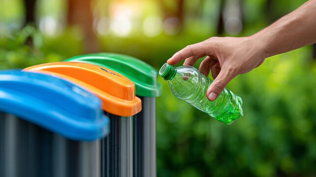 Hand placing plastic bottle into a separate recycling bin, promoting waste sorting and environmental sustainability