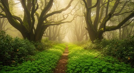 mysterious forest path covered in green shamrocks leads into deep fog. volumetric light shines on ancient trees. st. patrick's day concept. banner, website header with copyspace.