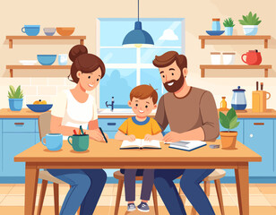 A family of three, mother, father, and son, are sitting at a table in a kitchen, with the parents helping the son with his homework.