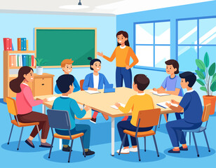 Teacher leads a classroom discussion with students seated around a square table, in a bright, blue-toned room with a chalkboard.