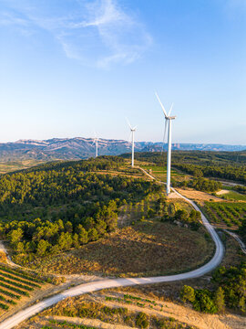 In Terra Alta Catalonia Spain the wind turbine landscape underscores renewable energy and sustainability as gentle slopes transition outward toward the bright horizon