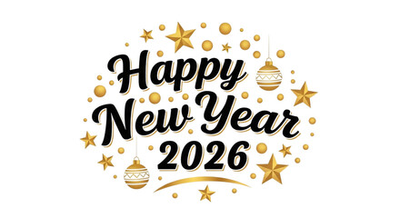 Happy new year 2026 text with stars and ornaments