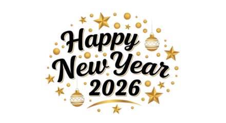Happy new year 2026 text with stars and ornaments