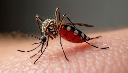 Aedes mosquito biting human skin close-up. Mosquito sucks blood from person. Disease-carrying insect feeds on human blood. Red abdomen visible as mosquito bites. Macro view of mosquito on human flesh.