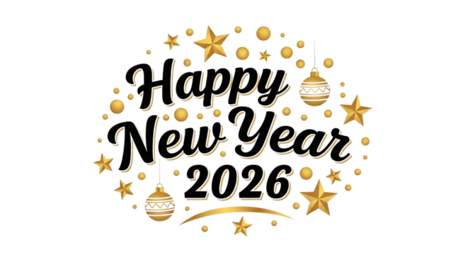 Happy new year 2026 text with stars and ornaments