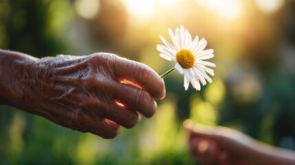 Elder hand offering a common daisy to small child hand, sharing love, care, and family generations