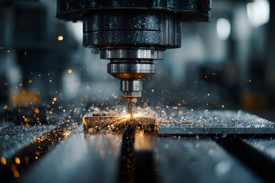 Precision milling an industrial metal part with a machining tool and flying sparks