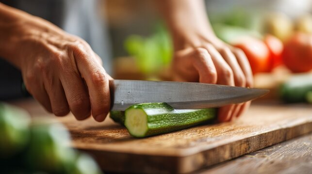 Preparing fresh vegetables for cooking, hands slicing zucchini on a wooden cutting board in a kitchen