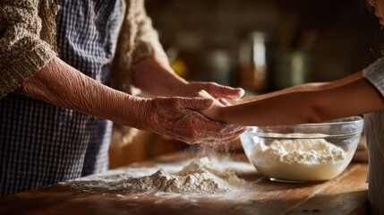 Grandparent and child hands baking together, developing skills and transmitting family tradition