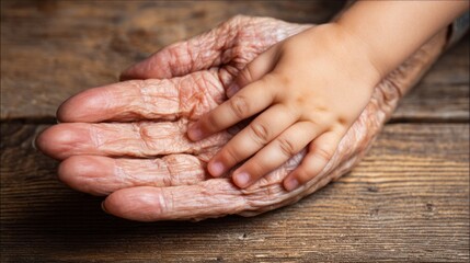 Child's small hand gently resting on a senior's wrinkled hand, representing aging, youth, love, and protection