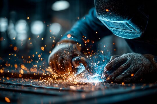 Welder wearing protective helmet and gloves performing arc welding on metal surface with bright sparks