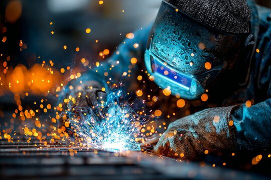 Industrial worker wearing protective mask and gloves welding metal