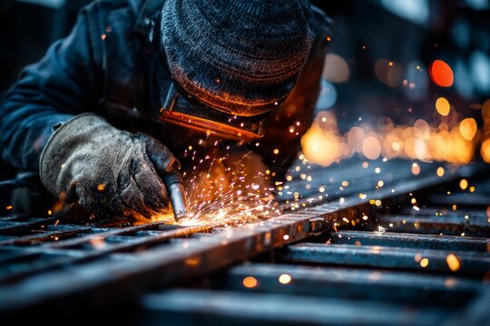 Welder wearing protective gear doing manual work on metal with flying sparks