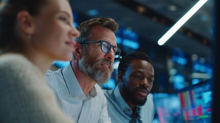 In a modern office, a man and a woman analyze data on screens while discussing financial trends. Their focused teamwork highlights the significance of data in a dynamic business en