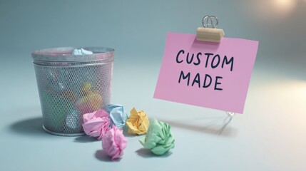 Custom made concept with sticky note displaying text next to a wastebasket and crumpled colorful papers