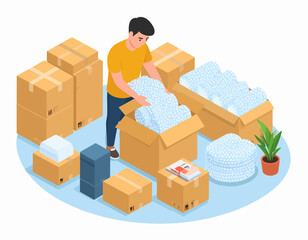 Man packing cardboard boxes with bubble wrap for moving, surrounded by other boxes and a small potted plant.