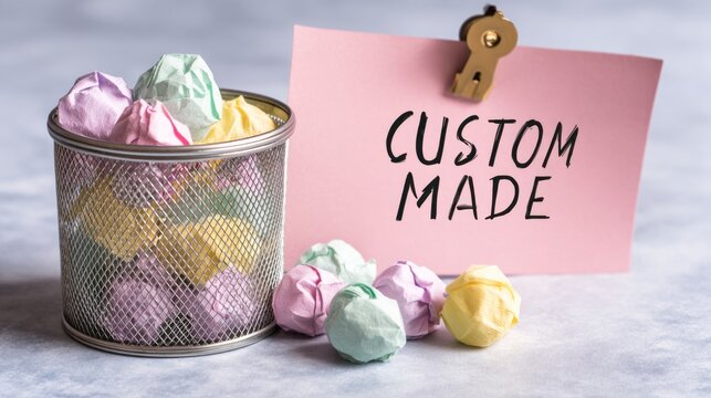 Custom made concept with crumpled paper balls and sticky note showing unique ideas creation and waste