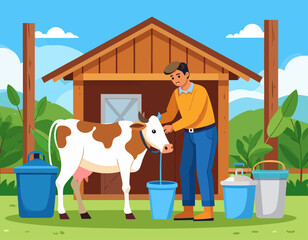 A farmer is milking a cow in front of a wooden barn, with buckets nearby in a rural, sunny, outdoor setting.