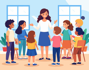 A female teacher stands in a classroom with her arms outstretched, surrounded by a group of diverse children listening attentively.