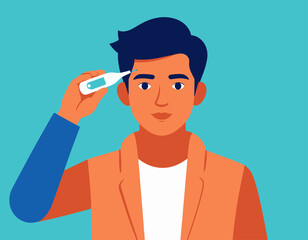 Illustration of a young man holding a digital thermometer to his forehead, checking for fever against a teal background.
