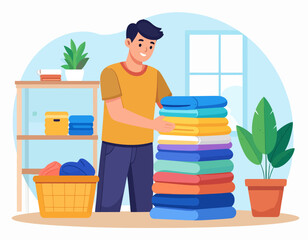 A man is smiling while folding a tall stack of colorful, clean laundry in a bright, homey room with plants.