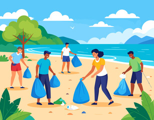 Volunteers cleaning up trash on a sandy beach with blue bags, ocean, mountains, and trees in the background, promoting environmental awareness.