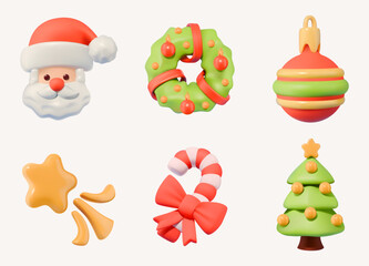 3D Christmas Icons. Santa, Wreath, Bauble, Star, Candy Cane, Tree