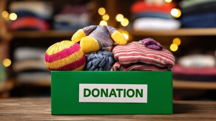 Green donation box filled with clothing, toys, and warm items, contributing to charity and welfare programs