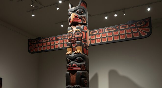 Intricately carved  painted totem pole featuring avian figures displayed in an art gallery with track lighting above