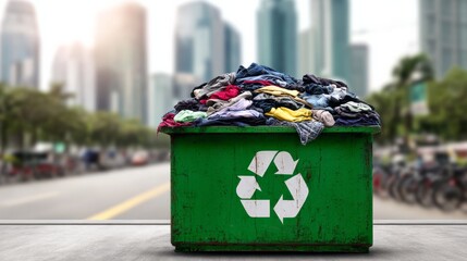 Green recycling bin overflowing with discarded clothes, symbolizing fast fashion and textile waste in urban environment
