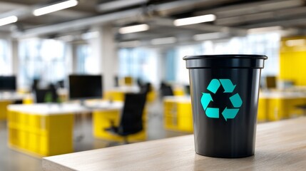 Recycling bin in a modern office promoting corporate environmental policies and sustainable workplace practices
