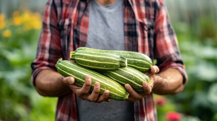Farmer holding freshly picked zucchini, showcasing sustainable farming and organic vegetables from the garden