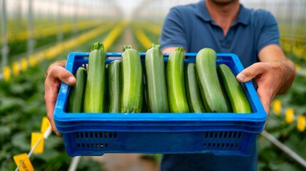 Farmer holding fresh organic zucchini harvest in a blue crate, presenting farm to table healthy produce in greenhouse