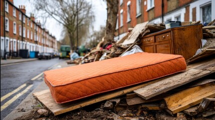 Discarded old mattress and household furniture creating a pile of fly tipping waste on an urban street pavement