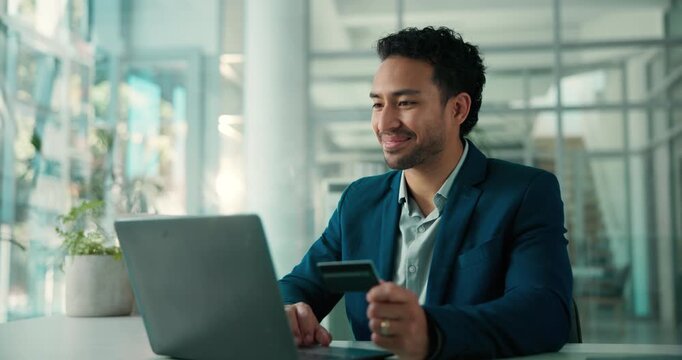 Businessman, credit card or laptop in office with smile for online shopping, payment or eft transaction. Person, computer or fintech in workplace for internet banking, ecommerce or black friday sale.
