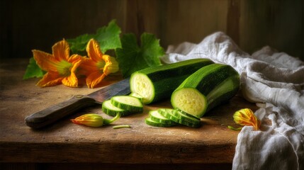 Fresh green zucchini and orange blossoms lying on a rustic wooden cutting board with a knife