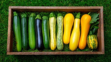 Colorful zucchini and squash harvest in a wooden crate on green grass, showcasing fresh garden vegetables
