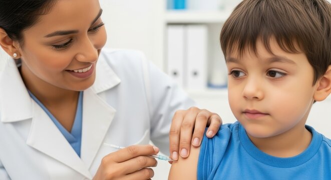 smiling healthcare professional administering vaccine to young boy in clinic. national immunization awareness month. healthcare, pediatric care, medical campaign, education material. - Powered by Adobe